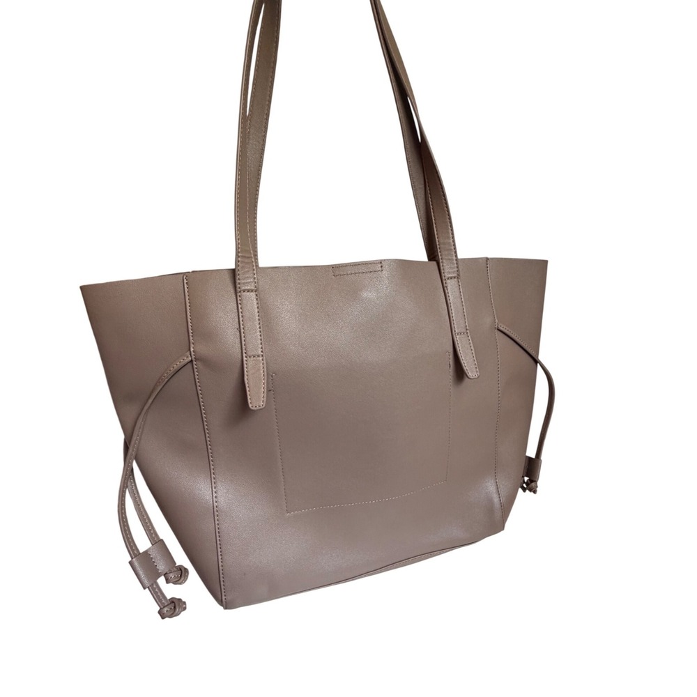 Katie Loxton Taupe Vegan Leather Tote Bag Drawstring Side Detail Large Carryall